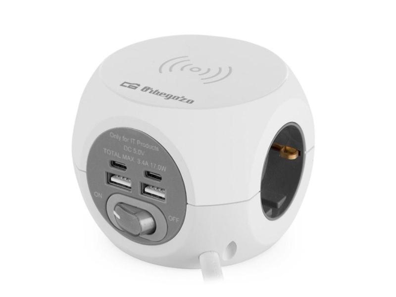 Regleta Orbegozo EN 4500 con Carga inalámbrica/ 3 Tomas de corriente/ 2 USB - 2 USB Tipo C/ Cable 1.5m/ Blanca y Gris