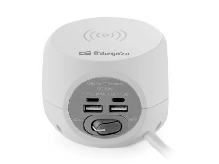 Regleta Orbegozo EN 4500 con Carga inalámbrica/ 3 Tomas de corriente/ 2 USB - 2 USB Tipo C/ Cable 1.5m/ Blanca y Gris