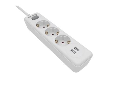 Regleta con Interruptor Philips SPN3032WA/10/ 3 Tomas de corriente/ 2 USB/ Cable 2m/ Blanca