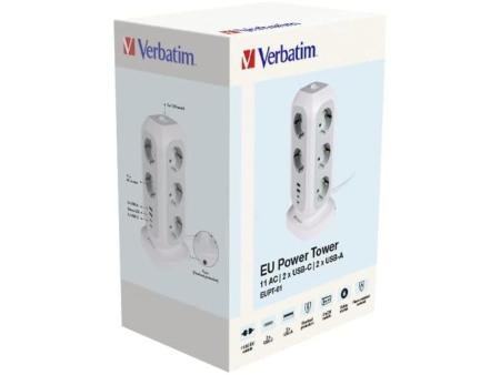 Regleta con Interruptor Verbatim EUPT-01/ 11 Tomas de corriente/ 2 USB-Tipo-A/ 2 USB Tipo-C/ Cable 2m/ Blanca