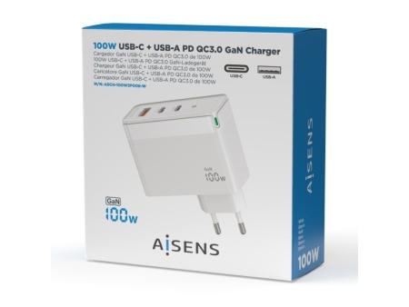 Cargador Gan de Pared Aisens ASCH-100W3P008-W/ 2xUSB Tipo-C/ 1x USB/ 100W