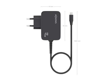 Cargador Gan de Pared Aisens ASCH-1PD45WL032-BK/ 1xUSB Tipo-C + Cable 1.8m/ 45W