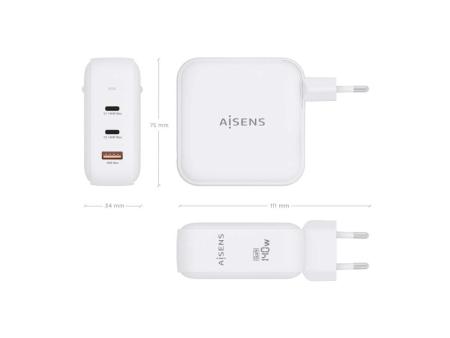 Cargador Gan de Pared Aisens ASCH-140W3P030-W/ 2xUSB Tipo-C/ 1xUSB/ 140W