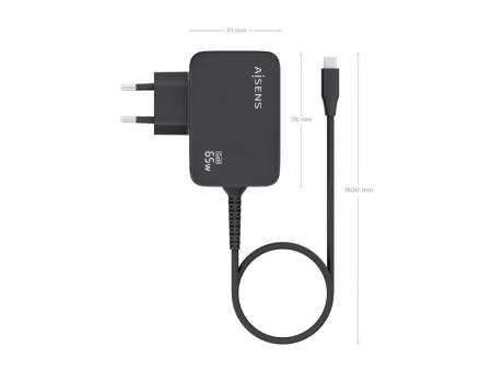 Cargador Gan de Pared Aisens ASCH-1PD65WL033-BK/ 1xUSB Tipo-C + Cable 1.8m/ 65W