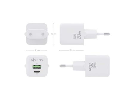 Cargador Gan de Pared Aisens ASCH-20W2P010-W/ 1xUSB Tipo-C/ 1xUSB/ 20W