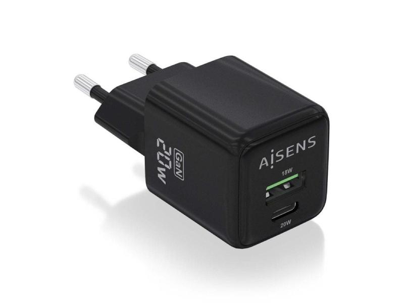 Cargador Gan de Pared Aisens ASCH-20W2P011-BK/ 1xUSB Tipo-C/ 1xUSB/ 20W