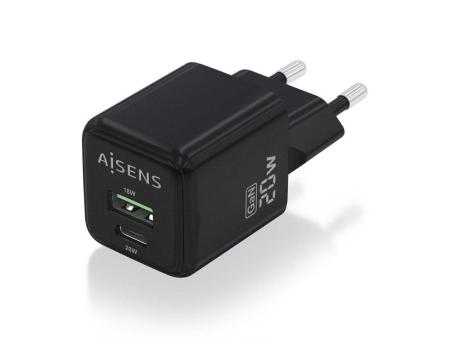 Cargador Gan de Pared Aisens ASCH-20W2P011-BK/ 1xUSB Tipo-C/ 1xUSB/ 20W