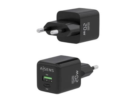 Cargador Gan de Pared Aisens ASCH-20W2P011-BK/ 1xUSB Tipo-C/ 1xUSB/ 20W