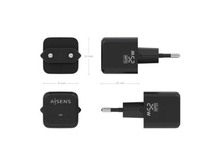 Cargador Gan de Pared Aisens ASCH-25W1P013-BK/ 1xUSB Tipo-C/ 25W