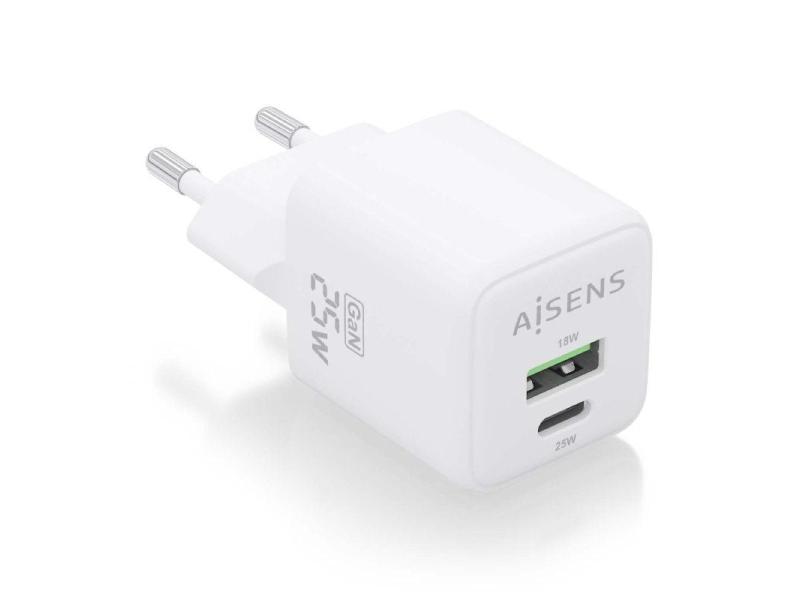 Cargador Gan de Pared Aisens ASCH-25W2P014-W/ 1xUSB Tipo-C/ 1xUSB/ 25W