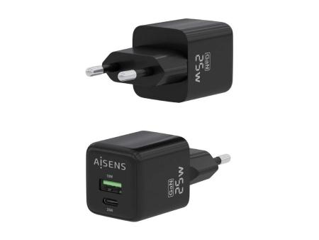 Cargador Gan de Pared Aisens ASCH-25W2P015-BK/ 1xUSB Tipo-C/ 1xUSB/ 25W