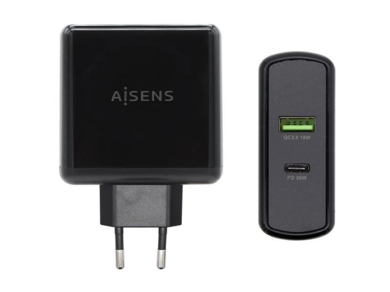 Cargador de Pared Aisens ASCH-2PD30QC-BK/ 1xUSB Tipo-C/ 1x USB/ 48W