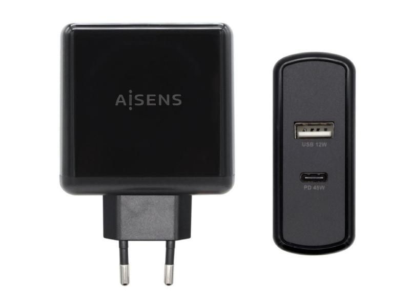 Cargador de Pared Aisens ASCH-2PD45A-BK/ 1xUSB Tipo-C/ 1x USB/ 57W