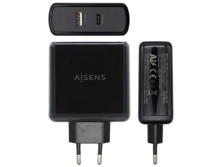 Cargador de Pared Aisens ASCH-2PD45A-BK/ 1xUSB Tipo-C/ 1x USB/ 57W