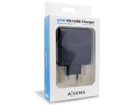 Cargador de Pared Aisens ASCH-2PD45A-BK/ 1xUSB Tipo-C/ 1x USB/ 57W