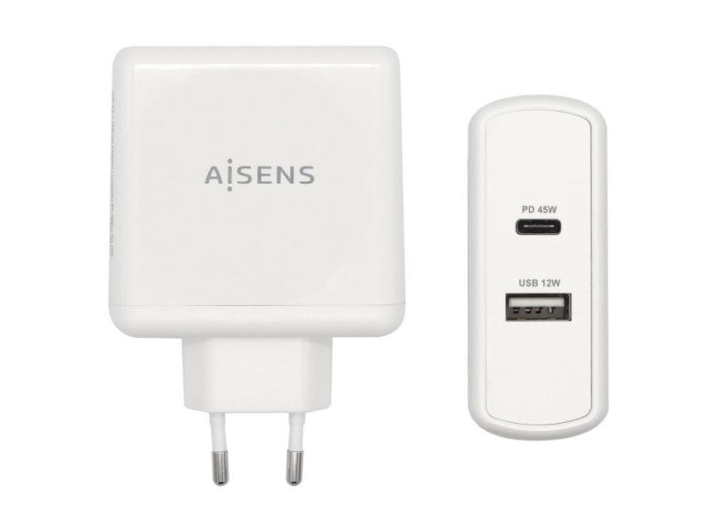 Cargador de Pared Aisens ASCH-2PD45A-W/ 1xUSB Tipo-C/ 1x USB/ 57W