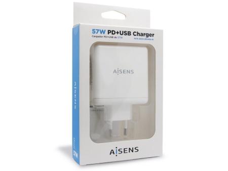 Cargador de Pared Aisens ASCH-2PD45A-W/ 1xUSB Tipo-C/ 1x USB/ 57W