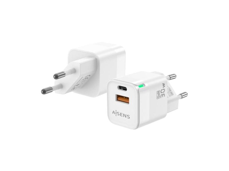 Cargador Gan de Pared Aisens ASCH-30W2P004-W/ 1xUSB Tipo-C/ 1xUSB/ 30W