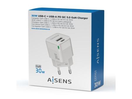 Cargador Gan de Pared Aisens ASCH-30W2P004-W/ 1xUSB Tipo-C/ 1xUSB/ 30W