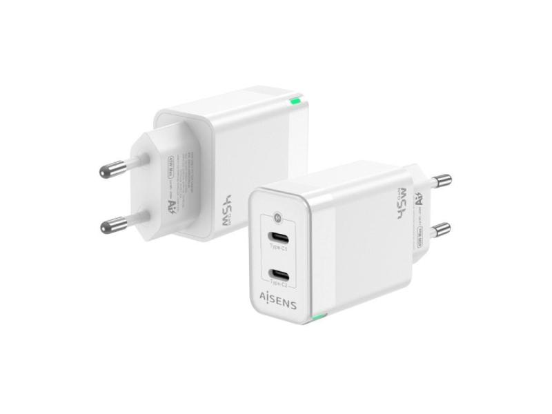 Cargador Gan de Pared Aisens ASCH-45W2P005-W/ 2xUSB Tipo-C/ 45W