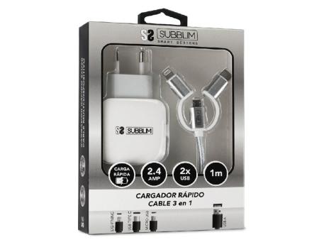 Cargador de Pared Subblim SUB-CHG-1ZWC01/ 2xUSB + Cable 3 en 1/ 12W/ Blanco