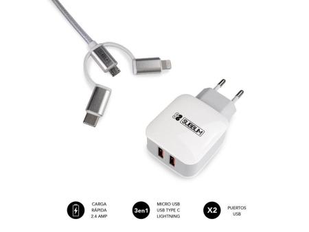 Cargador de Pared Subblim SUB-CHG-1ZWC01/ 2xUSB + Cable 3 en 1/ 12W/ Blanco