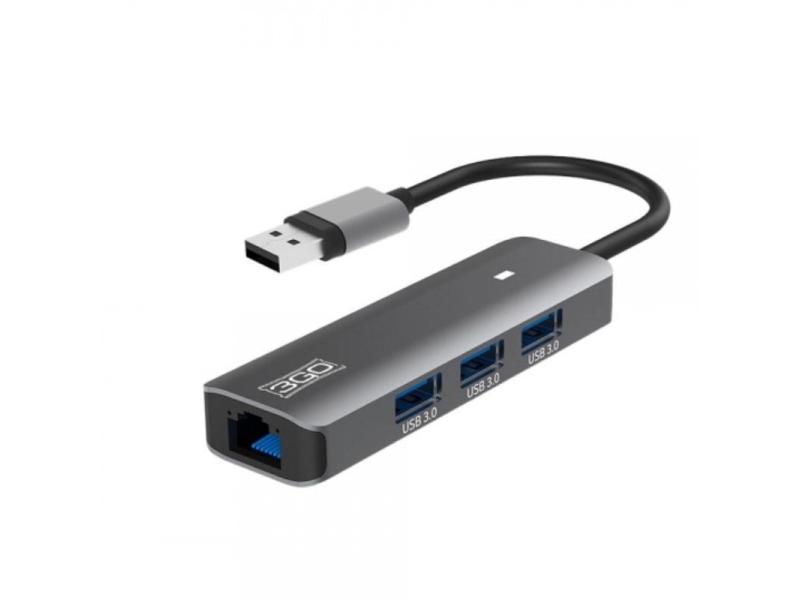 HUB USB 3.0 3GO HUB37PETH2/ 3xUSB/ 1xRJ45/ Gris