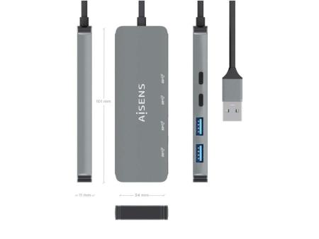 Hub USB 3.2 Aisens A106-0696/ 2xUSB/ 2xUSB Tipo-C/ Gris