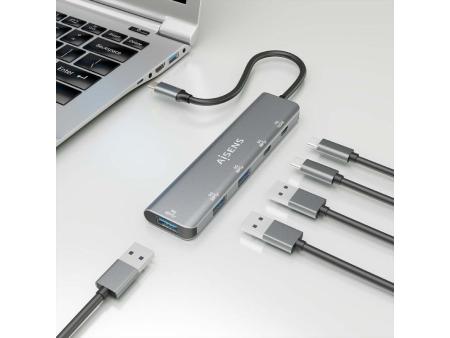 Hub USB Tipo-C Aisens A109-0857/ 3xUSB/ 1xUSB Tipo-C/ 1xUSB Tipo-C PD/ Gris