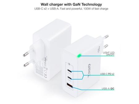 Cargador de Pared TooQ TQWC-GANQC2PD100W/ 2xUSB Tipo-C/ 1xUSB/ 100W