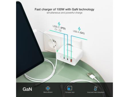 Cargador de Pared TooQ TQWC-GANQC2PD100W/ 2xUSB Tipo-C/ 1xUSB/ 100W