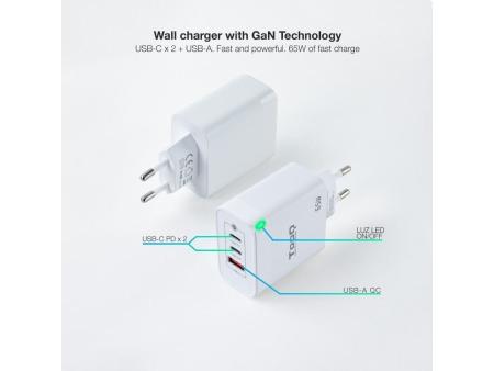 Cargador Gan de Pared TooQ TQWC-GANQC2PD65WT/ 2xUSB Tipo-C/ 1xUSB/ 65W