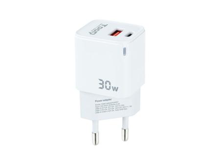 Cargador de Pared TooQ TQWC-GANQCPD30WT/ 1xUSB Tipo-C/ 1xUSB/ 30W