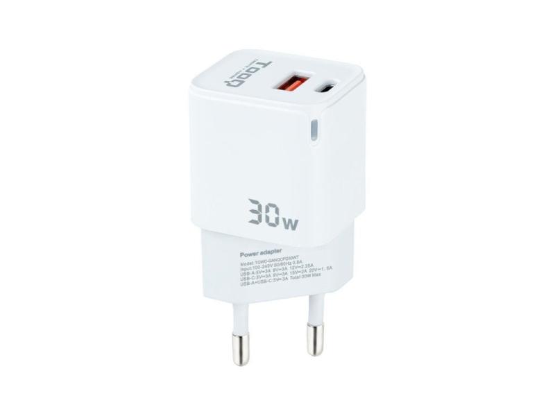 Cargador de Pared TooQ TQWC-GANQCPD30WT/ 1xUSB Tipo-C/ 1xUSB/ 30W