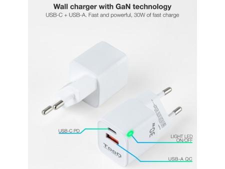 Cargador de Pared TooQ TQWC-GANQCPD30WT/ 1xUSB Tipo-C/ 1xUSB/ 30W