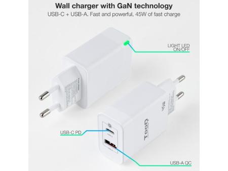 Cargador Gan de Pared TooQ TQWC-GANQCPD45WT/ 1xUSB Tipo-C/ 1xUSB/ 45W