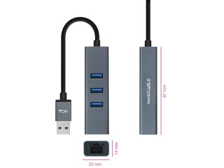 Hub USB 3.0 Nanocable 10.03.0407/ 3xUSB/ 1xRJ45/ Gris