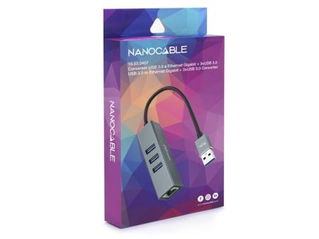 Hub USB 3.0 Nanocable 10.03.0407/ 3xUSB/ 1xRJ45/ Gris