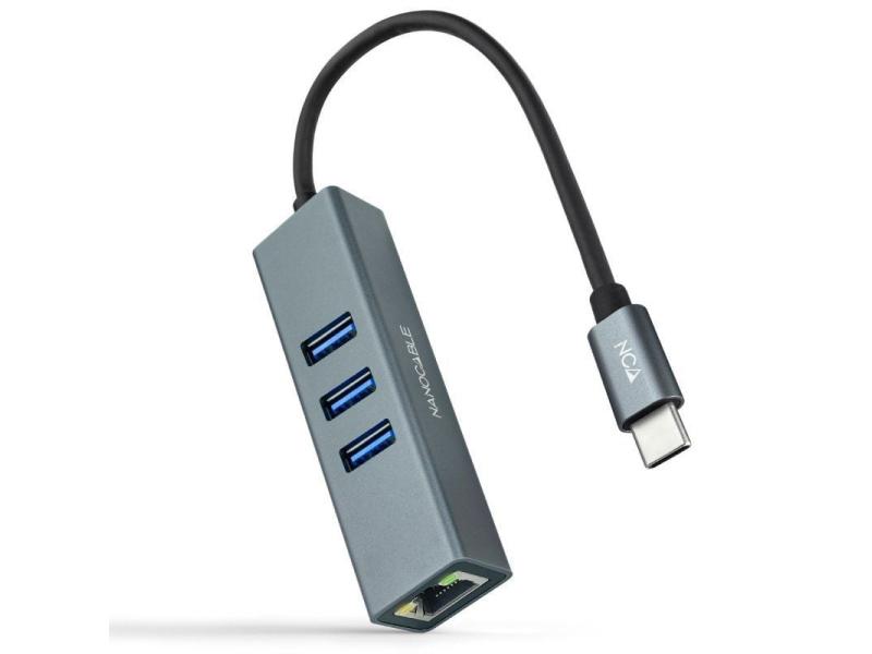 Hub USB Tipo-C Nanocable 10.03.0408/ 3xUSB/ 1xRJ45/ Gris