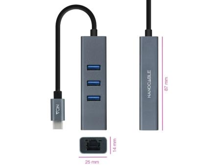 Hub USB Tipo-C Nanocable 10.03.0408/ 3xUSB/ 1xRJ45/ Gris