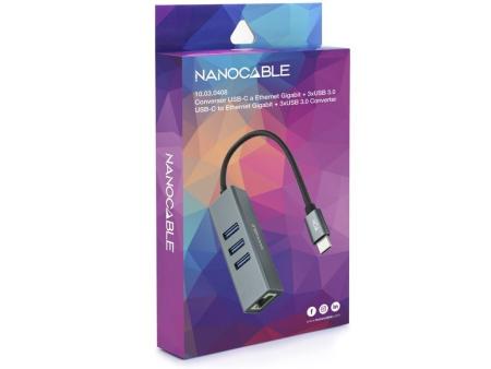 Hub USB Tipo-C Nanocable 10.03.0408/ 3xUSB/ 1xRJ45/ Gris