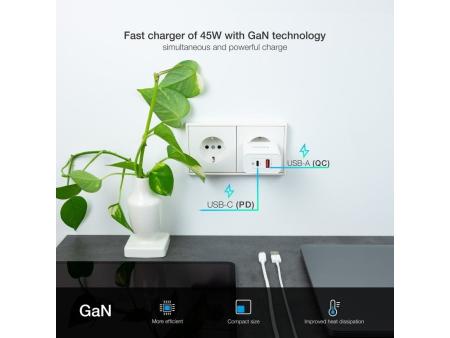 Cargador Gan de Pared TooQ TQWC-GANQCPD45WT/ 1xUSB Tipo-C/ 1xUSB/ 45W