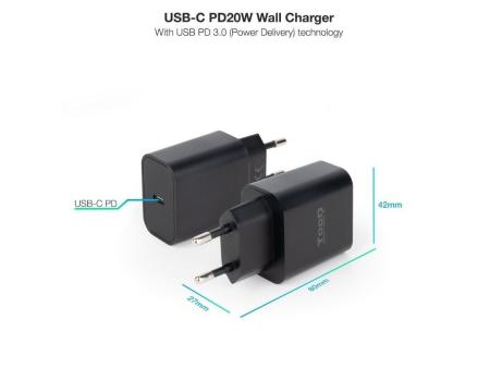 Cargador de Pared TooQ TQWC-PDUSBC20B/ 1xUSB Tipo-C/ 20W