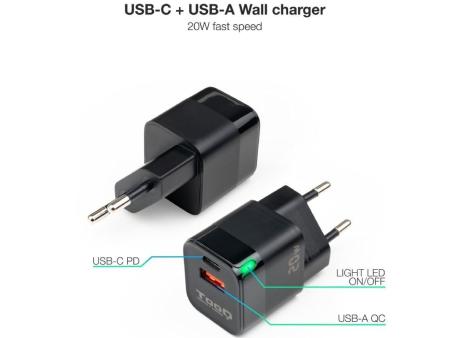 Cargador de Pared TooQ TQWC-QCPD20/ 1xUSB Tipo-C/ 1xUSB/ 20W