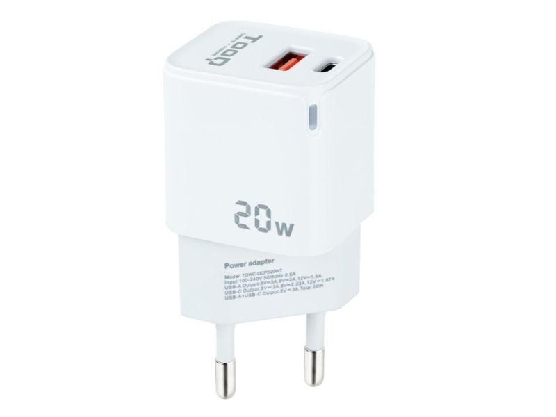 Cargador de Pared TooQ TQWC-QCPD20WT/ 1xUSB-Tipo C/ 1x USB/ 20W/ Blanco