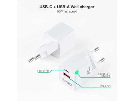 Cargador de Pared TooQ TQWC-QCPD20WT/ 1xUSB-Tipo C/ 1x USB/ 20W/ Blanco