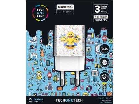 Cargador de Pared Tech One Tech Emojitech Smile TEC2502/ 2xUSB/ 2.4A/ Blanco