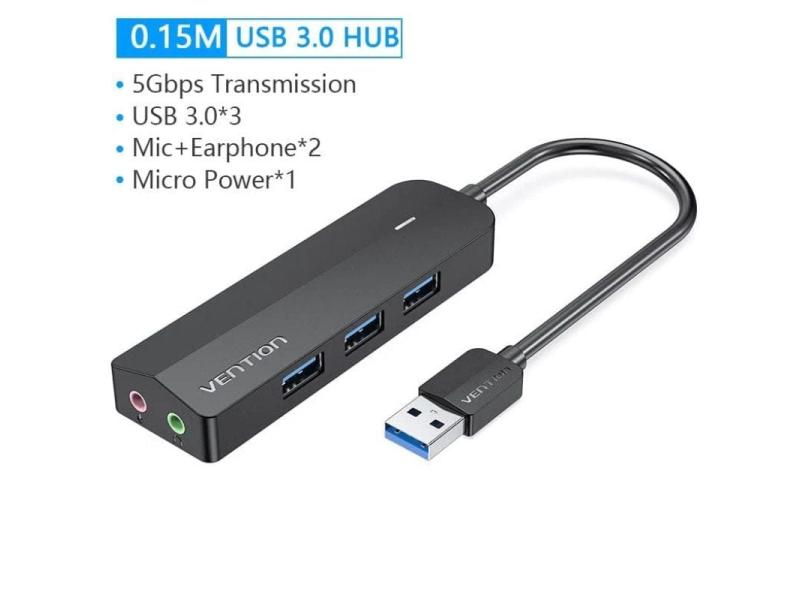 Hub USB 3.0 con Tarjeta de Sonido Vention CHIBB/ 3xUSB/ 1xMicroUSB PD