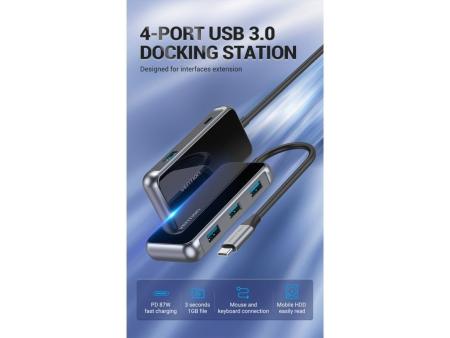 Hub USB Tipo-C Vention TFDHB/ 4xUSB/ 1xUSB Tipo-C PD/ Gris