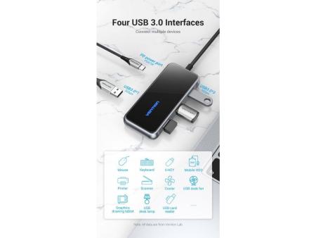 Hub USB Tipo-C Vention TFDHB/ 4xUSB/ 1xUSB Tipo-C PD/ Gris